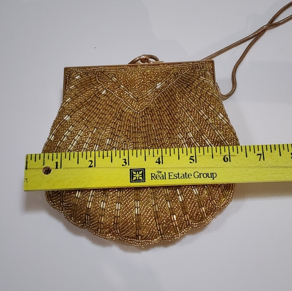 EVENING BAG 1970s HAND BEADED GOLD + CONVERTIBLE SHOULDER SNAKE CHAIN NWOT MINT - Picture 12 of 14